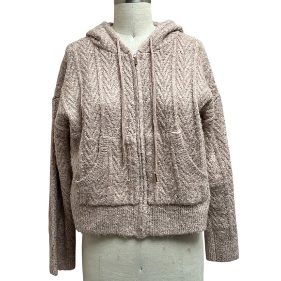 Jason Wu Sweaters - Jason Wu Heather Taupe Hooded Cable Knit Zip up Cardigan